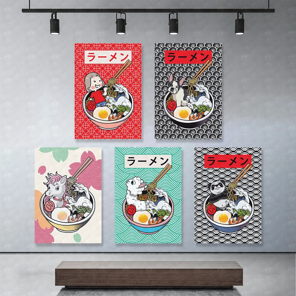 

Cartoon Cute Animal Girl Ramen Bowl Canvas Painting Wall Art Nordic Posters and Prints Wall Pictures for Living Room Decoration