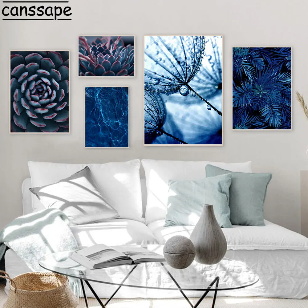 Суккуленты листья монстеры плакат Скандинавская настенная живопись Синий