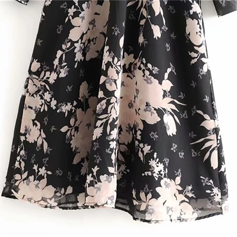 

Autumn 2019 women's new V-Neck long sleeve double breasted lined dress floral print dress 07923134085