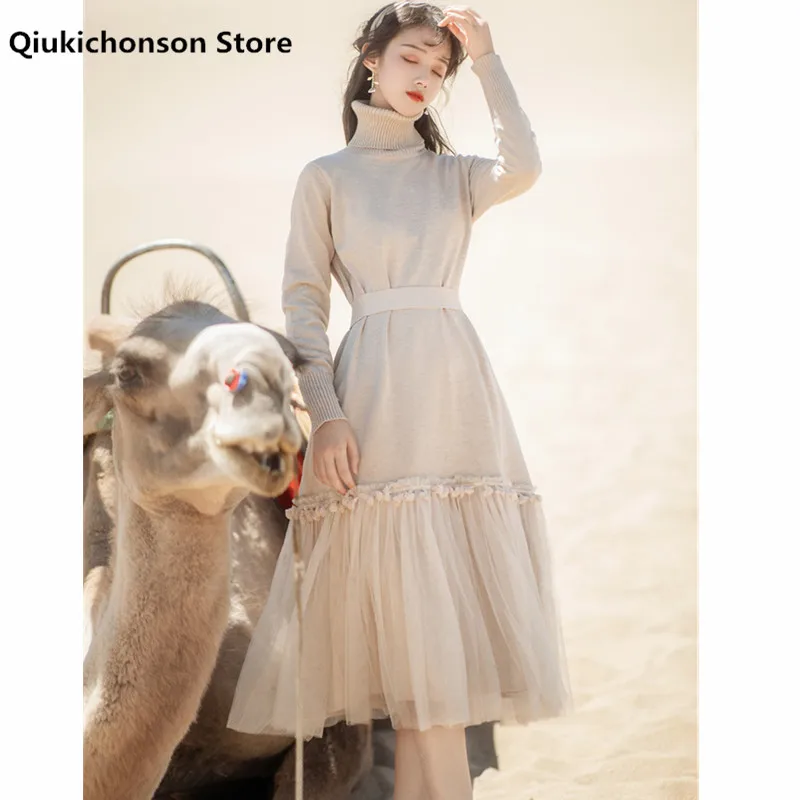 

Autumn Winter Cute Mesh Patchwork Ruffle Sweater Dress Women Vintage Literary Mori Girl Belted Long Turtleneck Knitted Dresses