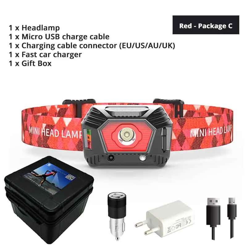 Red - Package C Светодиодный мини-налобный фонарь с инфракрасным датчиком и дисплеем батареи, USB Перезаряжаемый водонепроницаемый ночной ходовой фонарь для рыбалки - Испускаемый цвет: Red - Package C