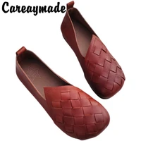 careaymade genuine leather womens shoes pure handmade weave flats shoes retro mori gir shoes casual shoes soft sole shoes