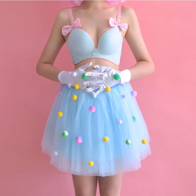 

New Year'S Nightclub Bar DJ Female Singer Stage Dance Costume Cheerleader Wear Halloween Cosplay Clothing Sexy Bikini Fluffy Skirt Set DWY2269