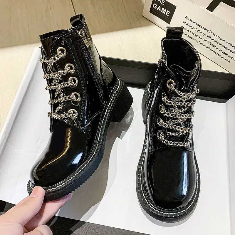 

Fashion Women Boots Lace Up Round Toe Mid Calf Woman's Platform Shoes Thick Soled Chunky Heels Female Footwear Ladies 2021 New