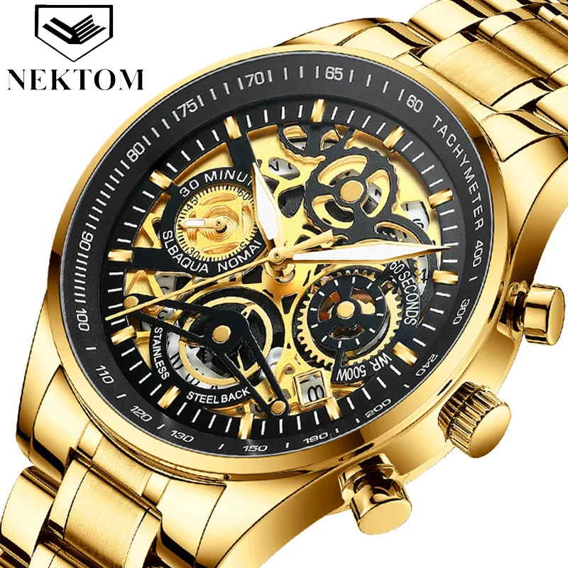 

NEKTOM 2020 Men Watches Luxury Top Brand Gold Watch Stainless Steel Big Male Wristwatch Yellow Quartz Sports Watches for Man