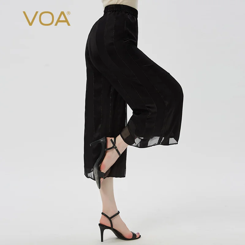 

VOA Satin Mulberry Silk Multicolor Optional Bright Thread Gold Thread Bump Splicing Ol Joker Nine Wide-leg Pants Women KJ57