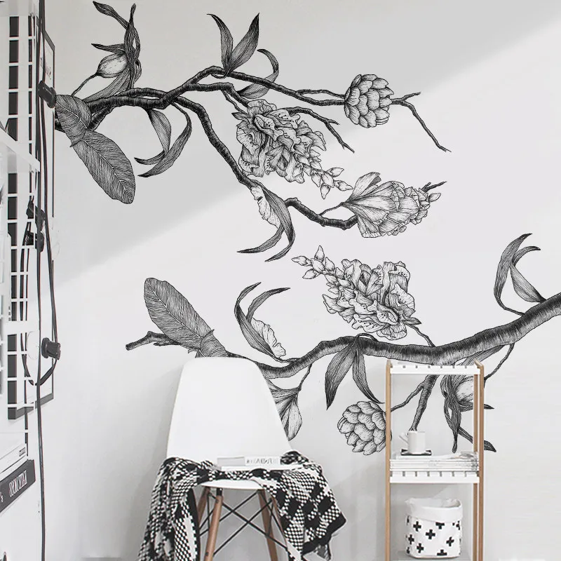 

Ramadan Decoration Vintage Sketch Black White Flower Wall Sticker Home Decor Poster Flora Living Room TV Background