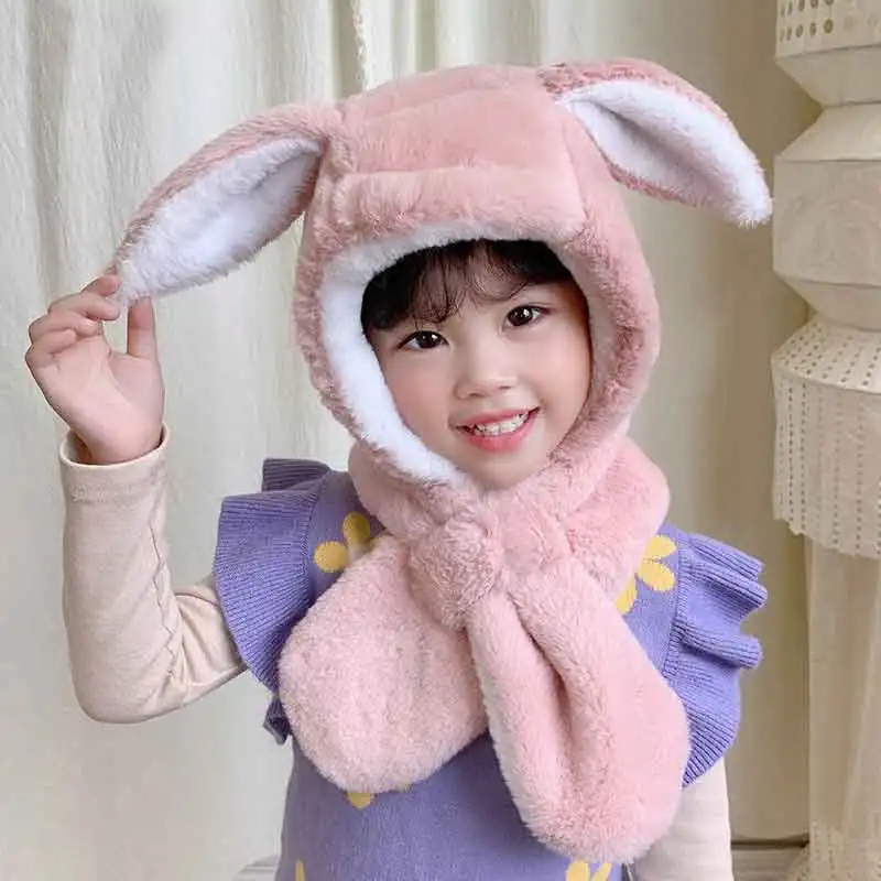 

Child Soft Plush Hat Scarf Girls Cute Long Ears Beanie Hat Pink Kids 2021 Winter Warm Earmuffs Cap And Scarves 2-8T Beige Gray