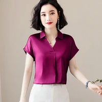 korean fashion silk women blouses short sleeve shirt and blouse office lady blusas largas tops for women plus size blusas