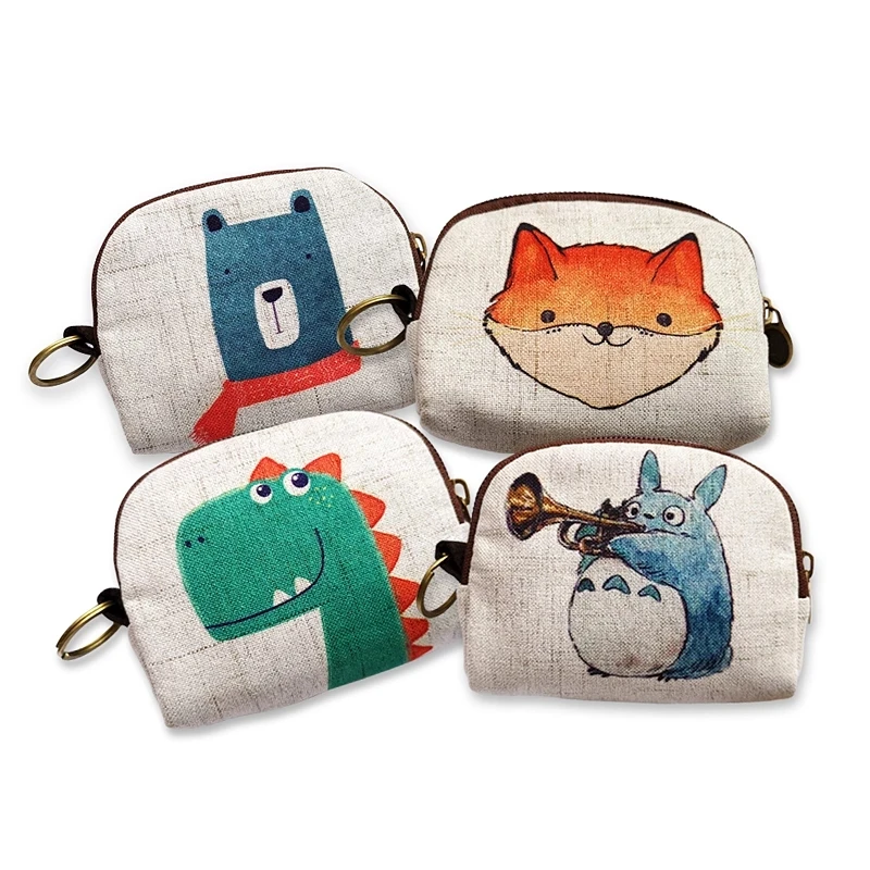 Cute Animal Canvas Coin Purse Short Shell Wallet Women Key Card Bag Kids Cartoon Totoro Fox Bear Dinosaur Small Change Purses