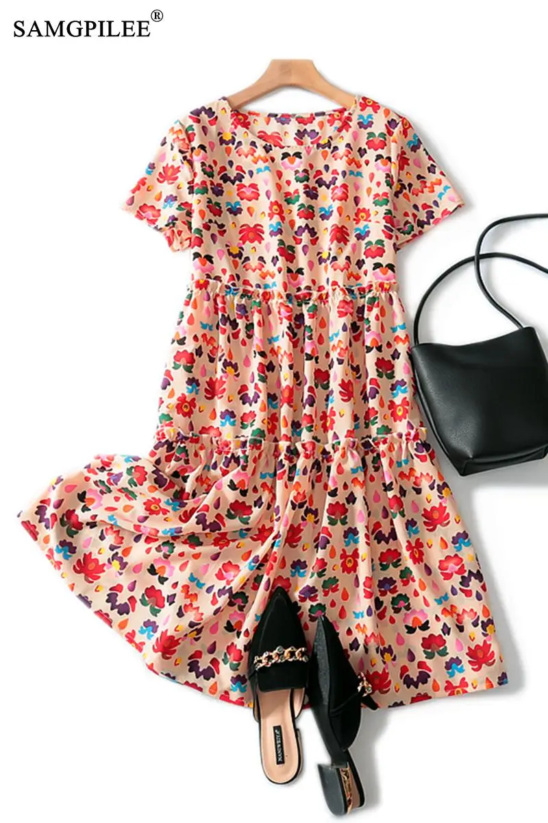 

Women Dress Plus Size Summer Casual Dresses A-line Print Short Sleeve Knee-length Empire O-neck Chiffon Dresses For Women 3XL