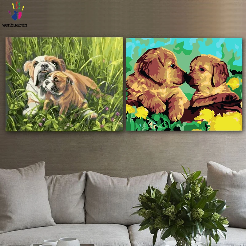 DIY картинки для раскраски по номерам с цветами Собака Семья картина Рисование в