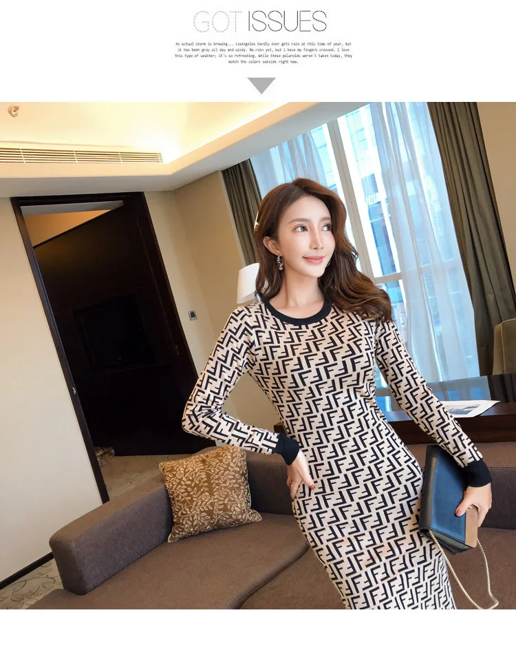 

2021 Spring And Autumn Women's New Style Slim Fit Debutante Elegant Knitted Sweater Sense Of Design Jacquard Sheath Base Dress