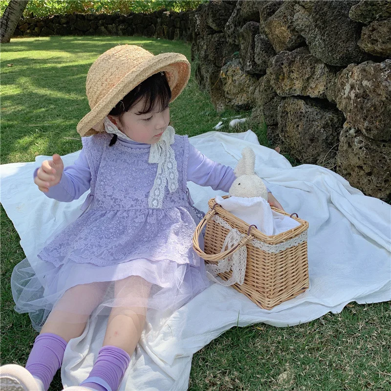 

Girls Long Sleeve Dress 2021 Spring New Princess Dress Girls Children Lace Dress 2PCS