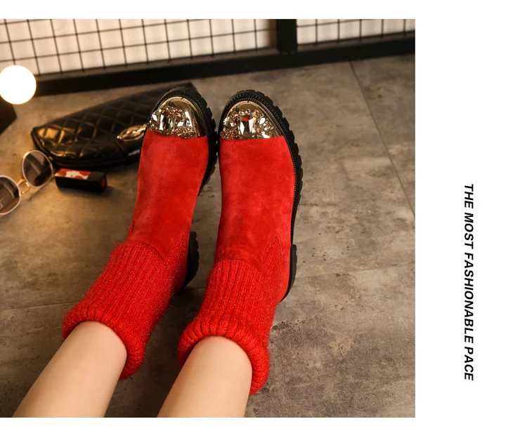 Botas Mujer; зимние вязаные сапоги; женские сапоги до середины икры; Bota Feminina; обувь со стразами; женские эластичные сапоги; Botines Mujer; коллекция года; Zapatos De Mujer