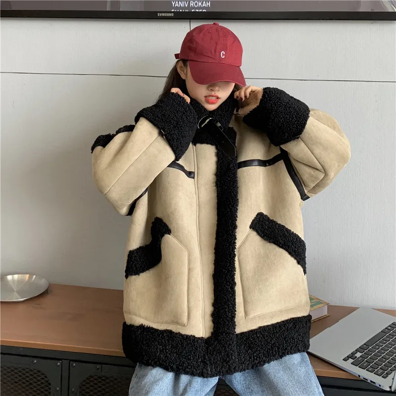 Korea Style Women Winter Loose Thermal Warm Coat Faux Sheepskin Fleece Parkas Streetwear