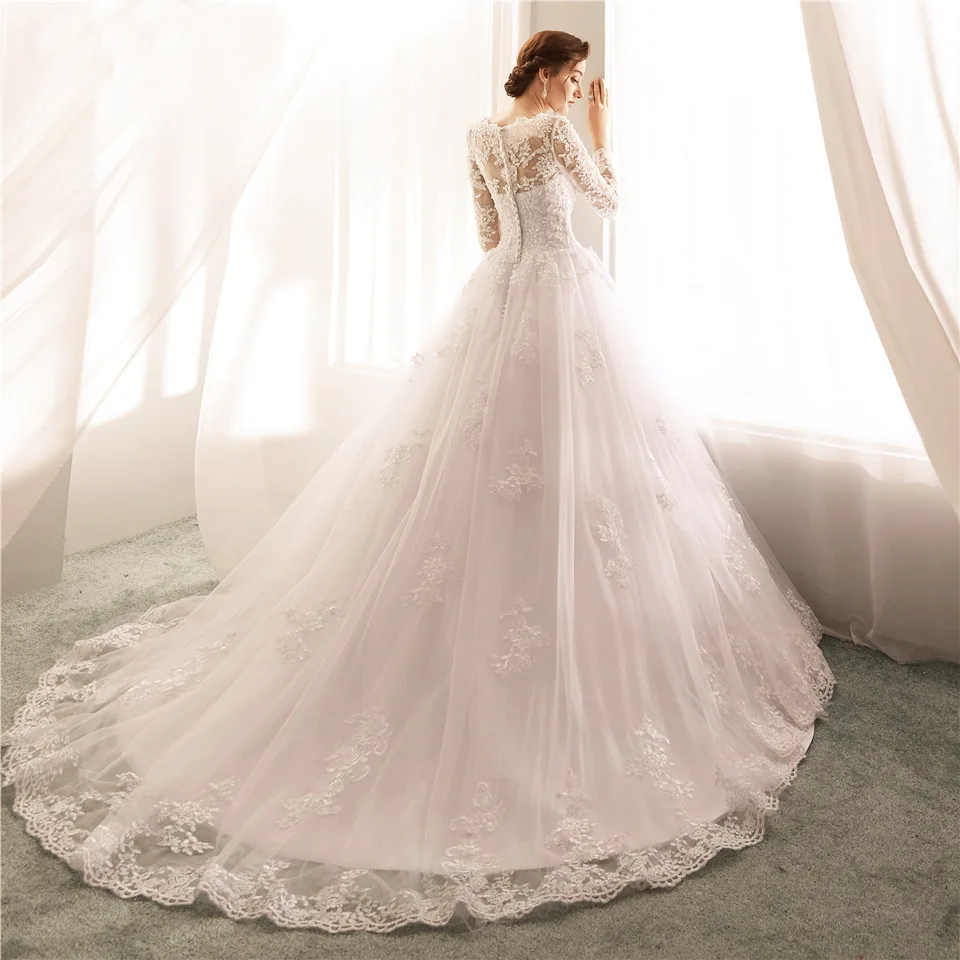 

Sheer Boat Neck Long Sleeve A-line Wedding Dress 2019 See Through Illusion Back White Bridal Gowns with Lace Appliques Plus Size