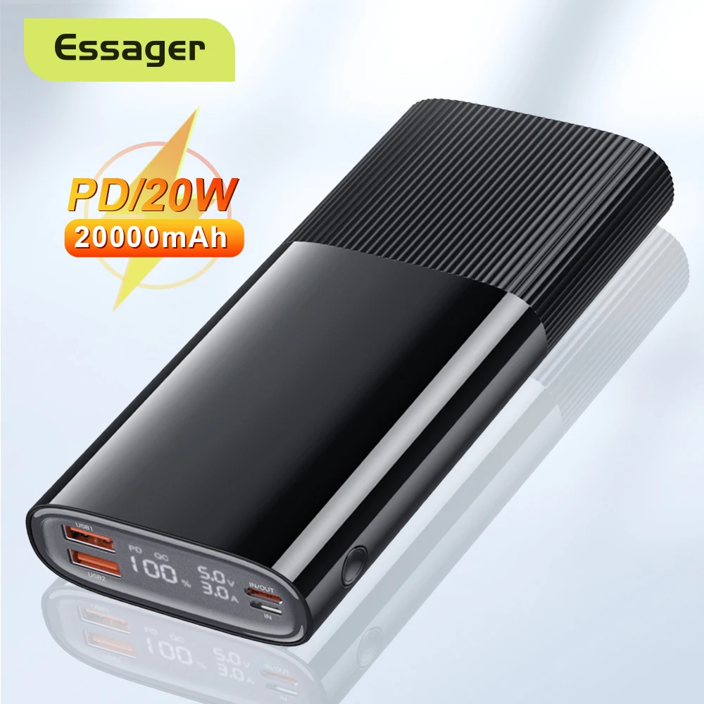 

Essager Power Bank 20000mAh USB C PD QC 3.0 Powerbank PD 20W Quick Charging Portable External Battery Pack Charger For Xiaomi
