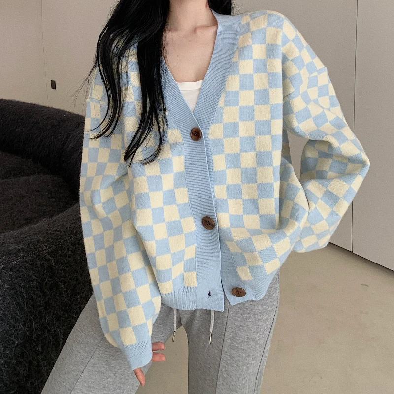 

y2k Y2KY2KPlaid Sweater Women Retro V-neck Loose Lazy Cardigan Jacket Autumn 2021 New Style Western Knitted Top