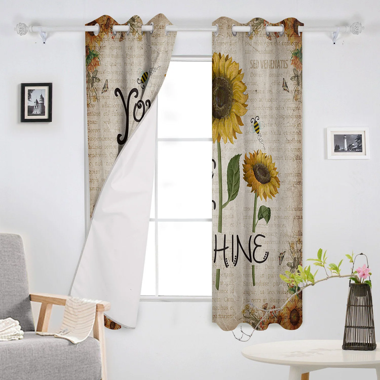 

Rural Wind Sunflower Bee Retro Old Newspaper Printed Window Curtains Living Room Bedroom Curtains Polyester Cloth Home Decor