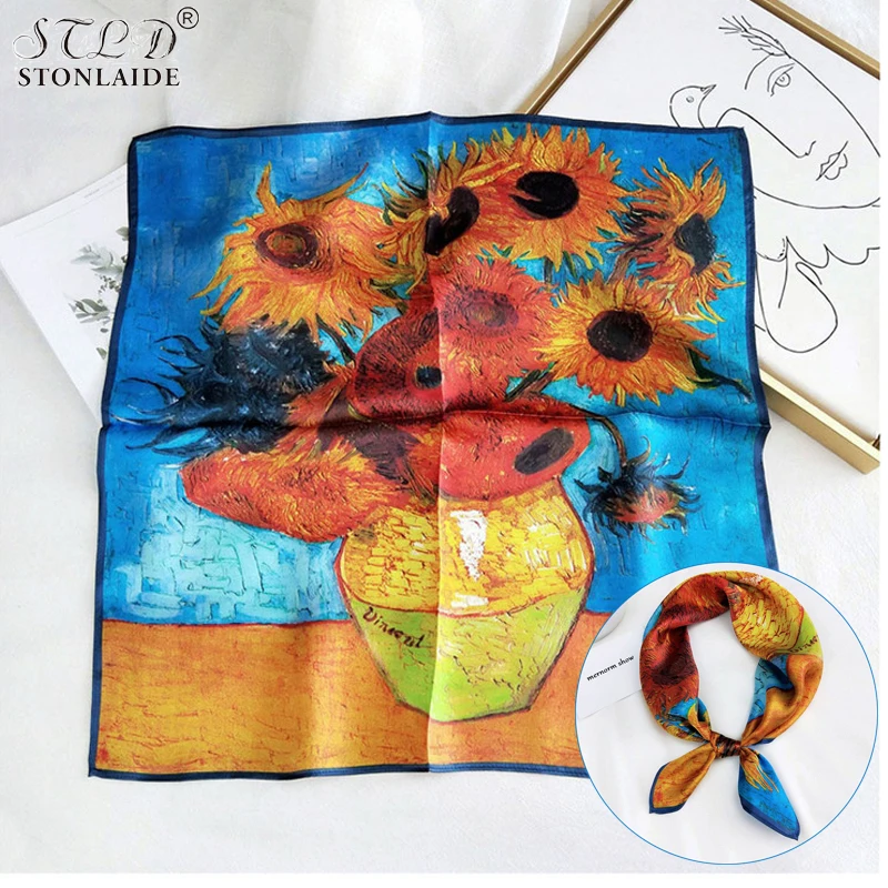 

Маленький квадратный шарф Ван Гога из 100% шелка с рисунком маслом женский прозрачный шейный шарф с принтом шикарный шейный платок шелковые шарфы шарф для волос