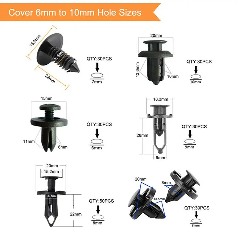 

200Pcs 6 Size Mixed Auto Fastener Clip Car Body Door Trim Retainer Push Pin Fasteners Rivet Kit