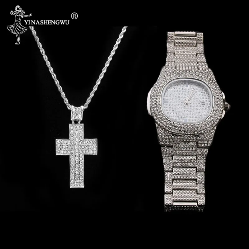 Роскошные сверкающие мужские часы и ожерелье в стиле хип хоп золотого цвета с