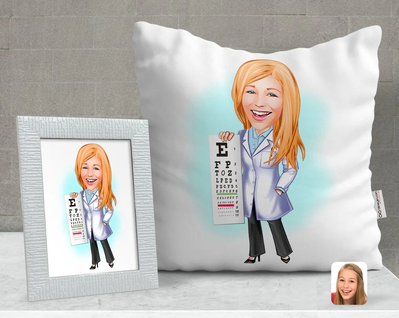 

Персонализированная Женская карикатура для врача, декоративная подушка и рамка, подарочный набор