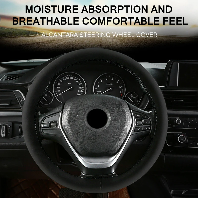 

38Cm Suede Fiber Car Steering Wheel Cover Anti-Slip Car Steering-Wheel Braid Stitch On Wrap With Needle Thread