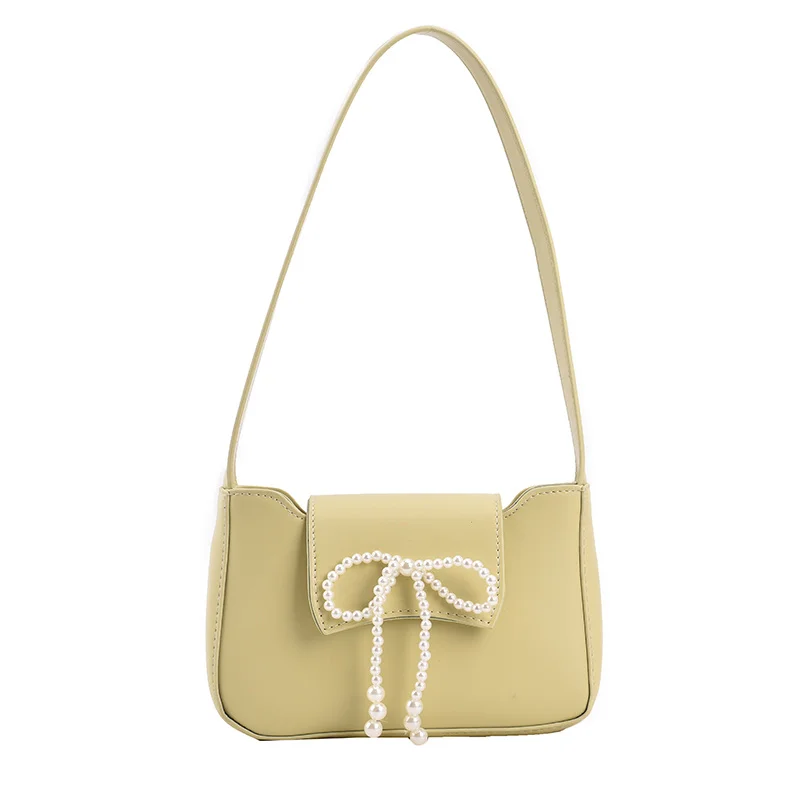 

Designer PU Leather Baguette Bag with Pearl Bow for Women 2021 Female Travel Fashion Solid Color Shoulder Purses and Handbags
