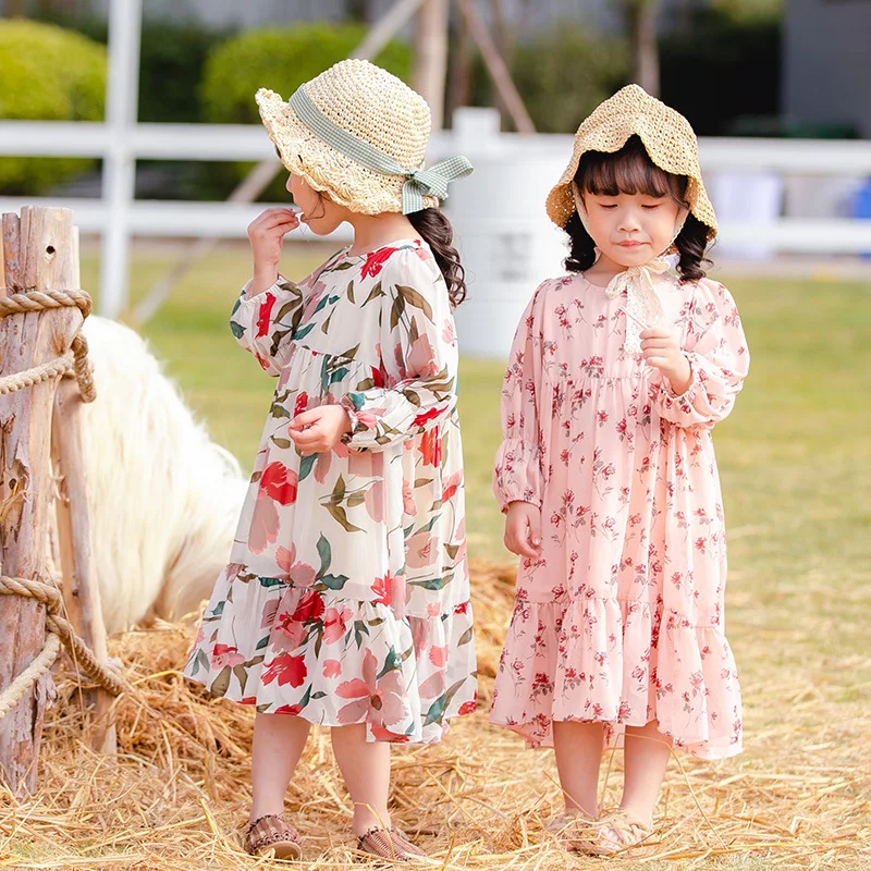 Детское шифоновое платье с длинным рукавом длинное принцессы цветочным принтом