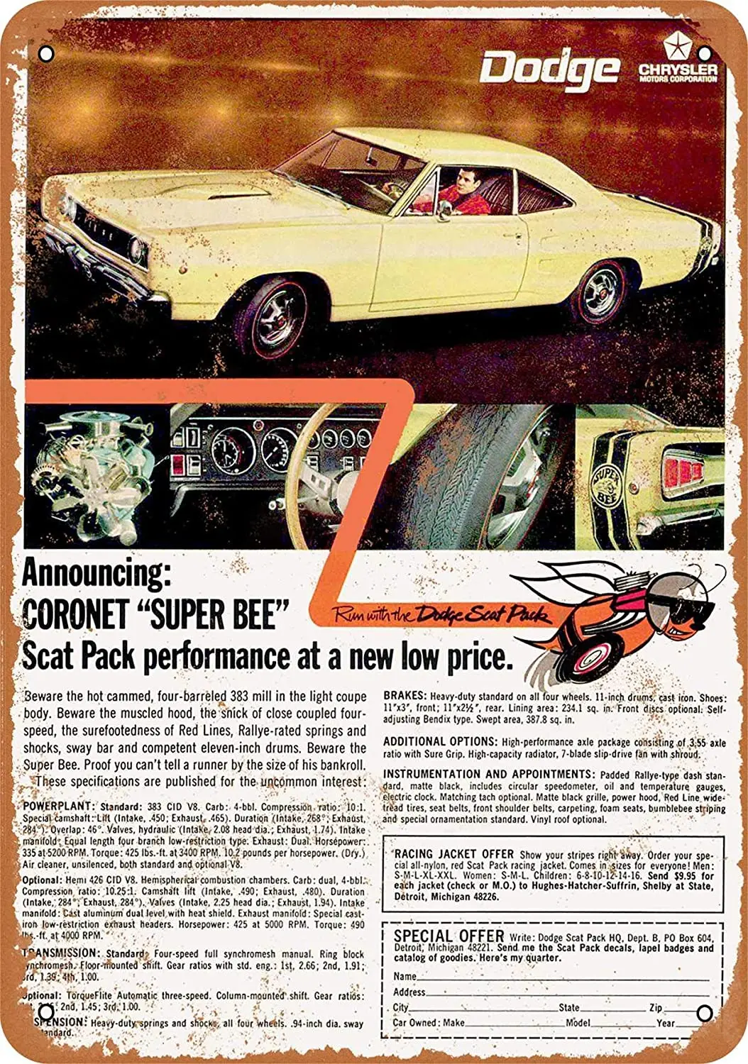 

WallColor 8*12 Metal Sign 1968 Dodge Coronet Super Bee Scat Pack Vintage Look