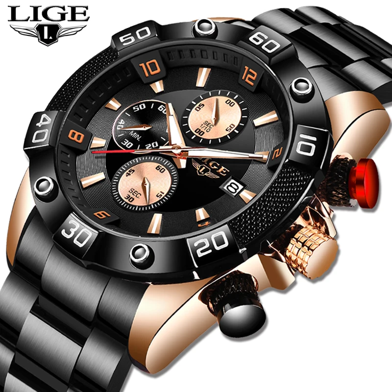 

2020 LIGE New Sport Mens Watches Top Brand Luxury Clock Stainless Steel Waterproof Military Chronograph Quartz Watch Men Relojes