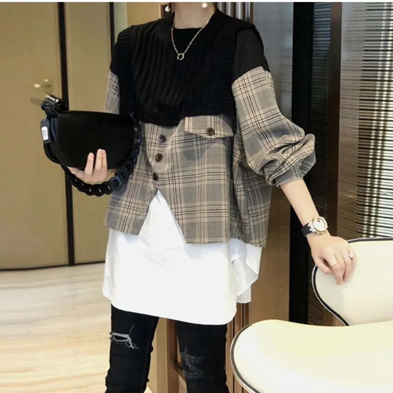 

Spring and Autumn New European Goods Loose Shirt Splicing Knitwear Women's Fake Two Pieces Western Style Shirt Sweater