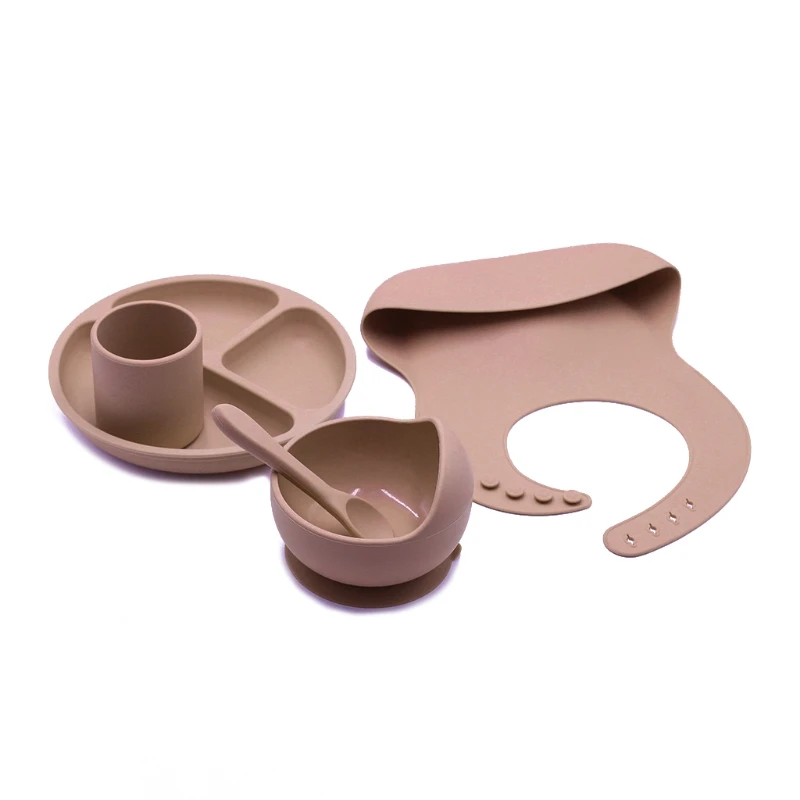 

5pcs Baby Plate Spoon Feeding Food Tableware Set Feeding Bibs Bowl Food Grade Silicone Non-slip Bowl BPA Free Silicone Cup