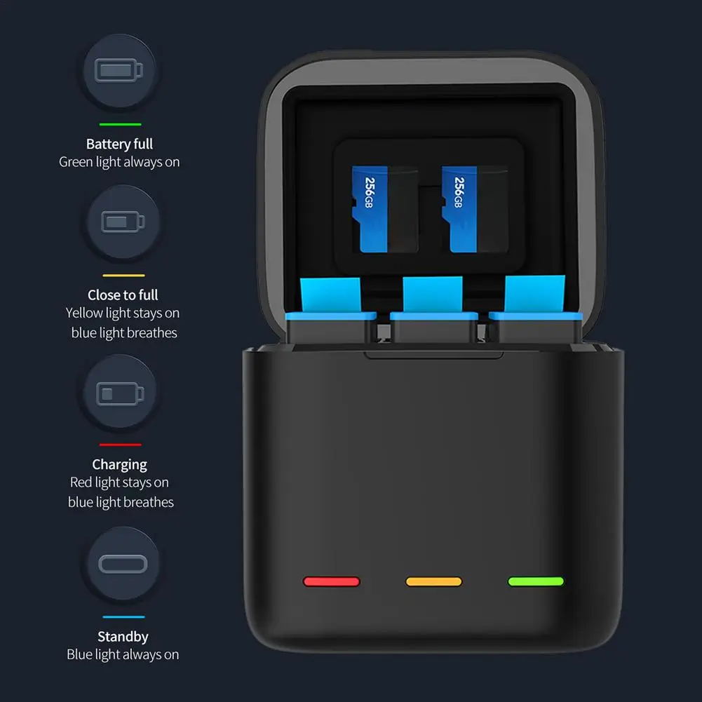 

For GoPro 9 Rechargeable Battery Charger 3 Way Smart Charging Case 1750mAh Batteries Storage Box For Gopro Hero 9 Accessories