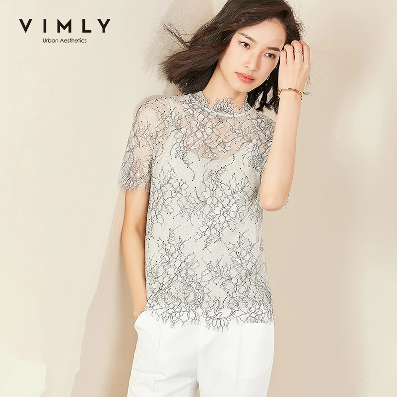 

Vimly 2020 Summer Women Elegant Lace Blouse Office Lady Stand Collar Short Sleeve with Vest Slim Fit Vintage Female Shirt 96600