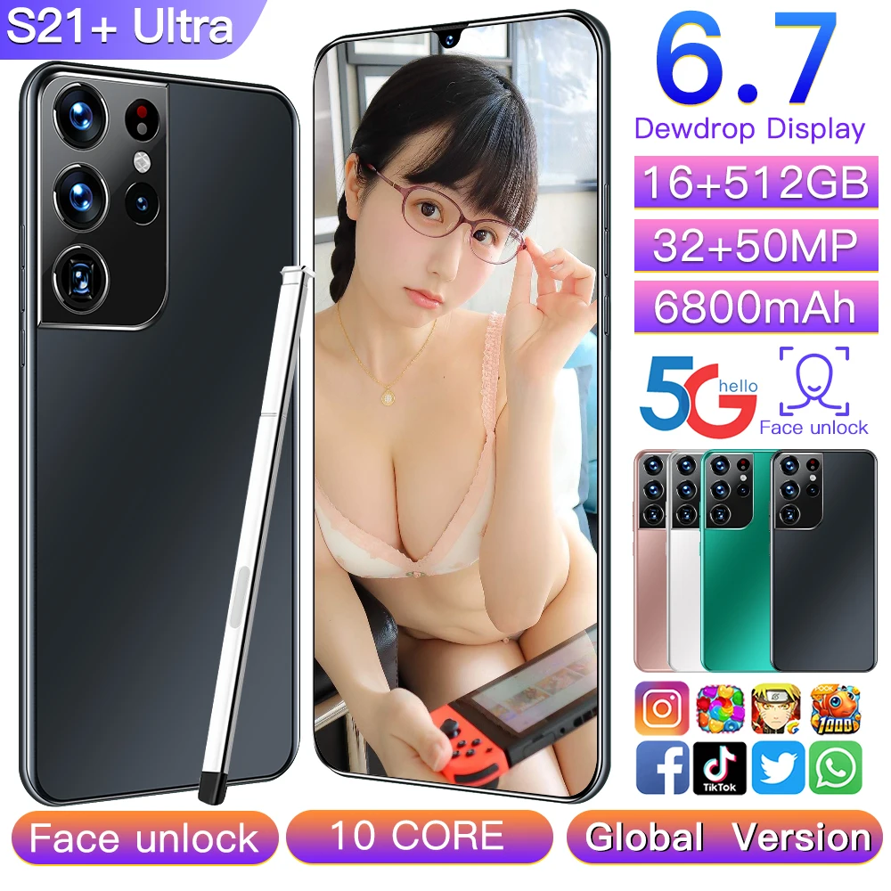 

Global Version S21+ Ultra 6.7 Inch Smartphone Android 11.0 16GB+512GB 32+50MP 6800mAh 10 Core Google GPS 5G Mobilephone