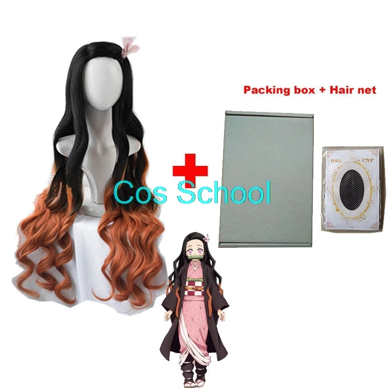 Kamado Nezuko Cos School Demon Slayer Kimetsu no Yaiba Nezuko Tanjirou Kamado, парики Zenitsu Agatsuma для косплея, аниме, парик+ шапки - Цвет: Kamado Nezuko