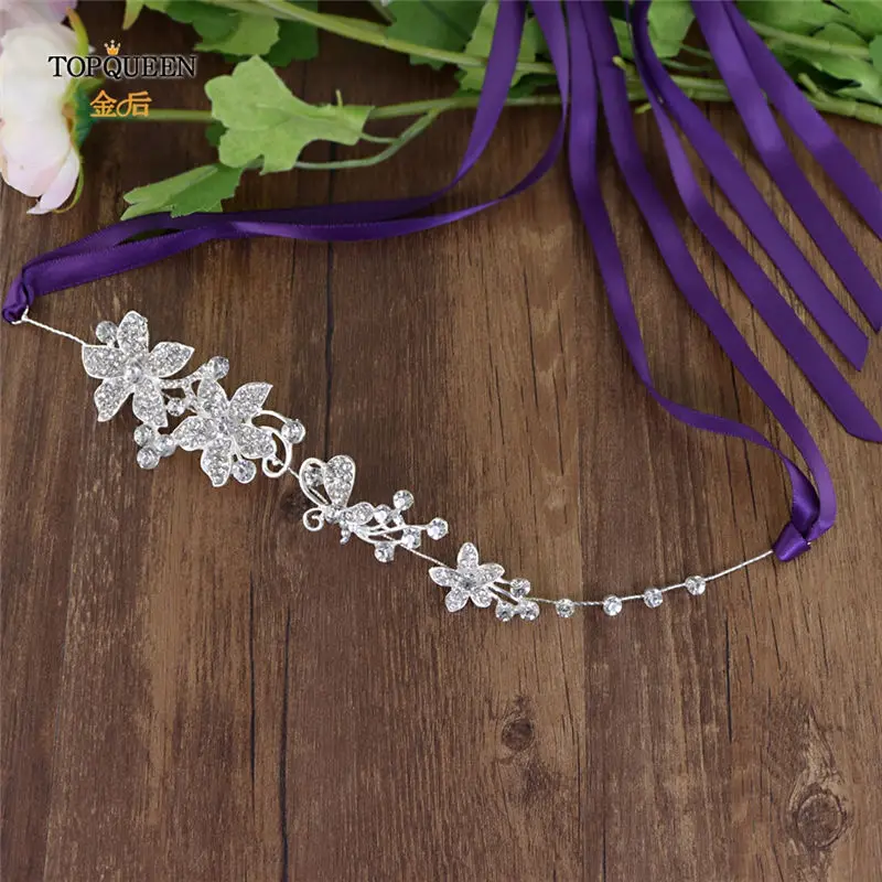 purple ribbon TOPQUEEN SH260 Большой Хрустальный цветок пояс невесты Тонкий цветочный свадебный пояс горный хрусталь цветок свадебный пояс серебряный сплав пояс невесты - Цвет: purple ribbon