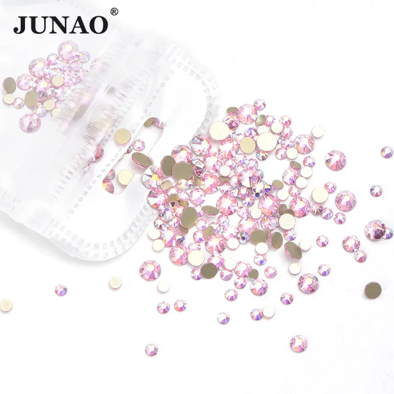 Стразы для ногтей JUNAO 16 видов SS10 SS16 SS20 смешанные размеры розовые AB стеклянные