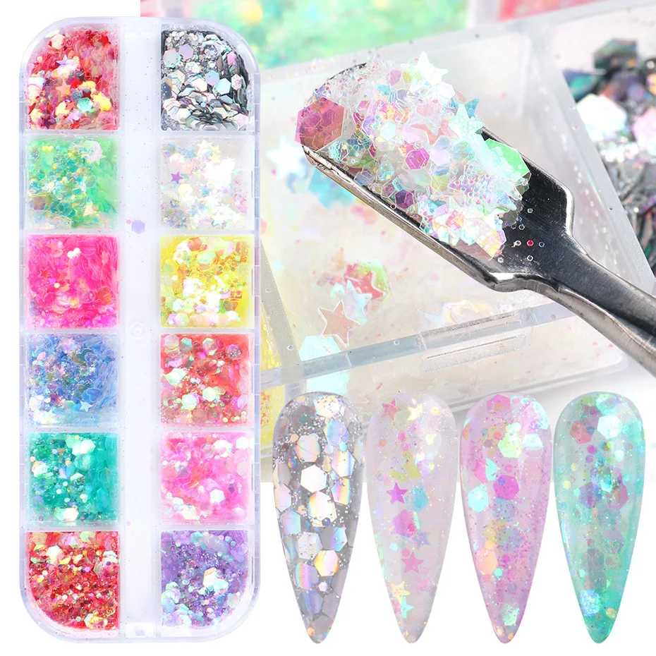 

1 box Holographics Glitter Flakes Nail Decoration Iridescent Star Heart Design Sticker Colorful Sequin Manicure