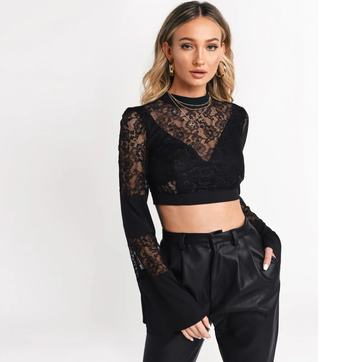 

WEPBEL See-through T-shirt Women's Lace Mesh Hollow Out T-shirt Top Summer Sexy Solid Color O-Neck Flared Sleeves T-shirt