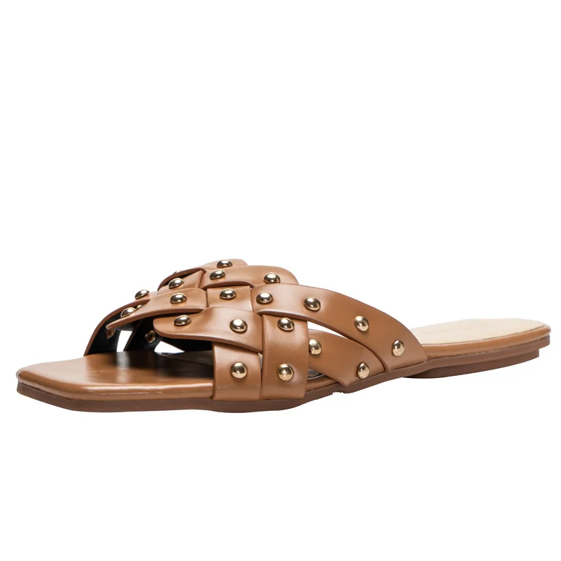 

Summer Slippers New Flat Fashion Leather Designer Rivet Weave Fashion Open Toe Luxury Women Shoes Sandals Women 2021 Large Size