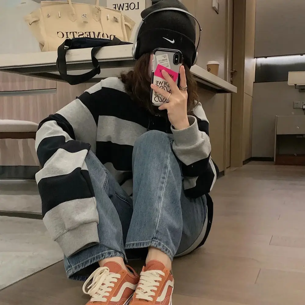 Свитшот женский свободного покроя шикарная Базовая модная одежда в полоску