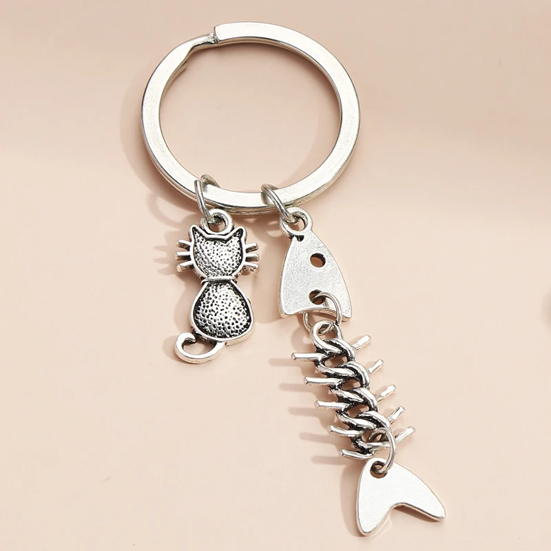 Милый брелок для ключей в виде кота рыбьей кости металлический подарок животного