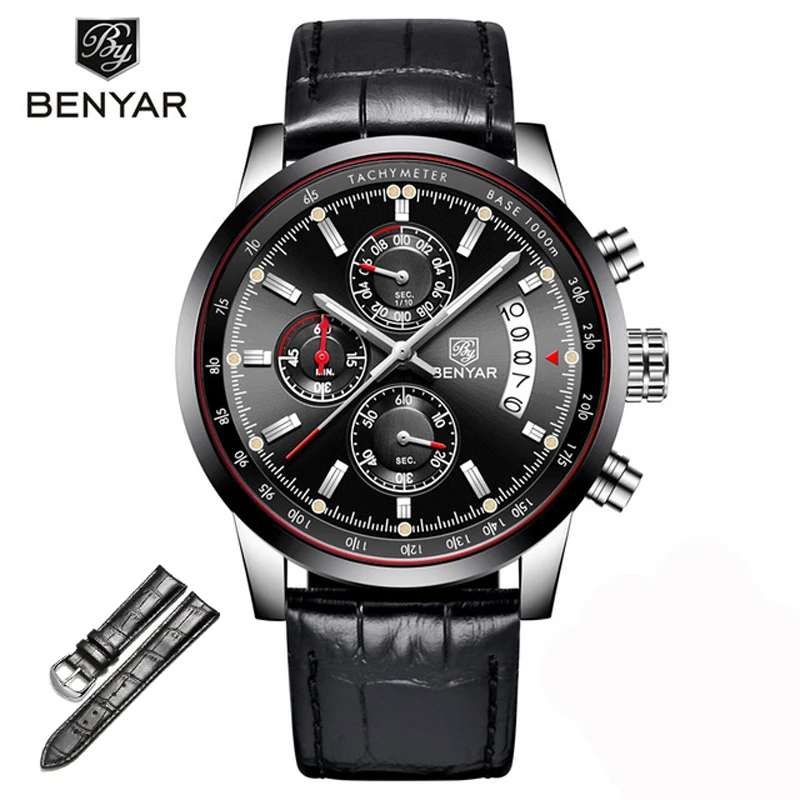 Black No Box BENYAR, мужские часы, кожа/синие часы, мужские Кварцевые спортивные часы, мужские повседневные Модные мужские водонепроницаемые наручные часы, Relogio Masculino - Цвет: Black No Box