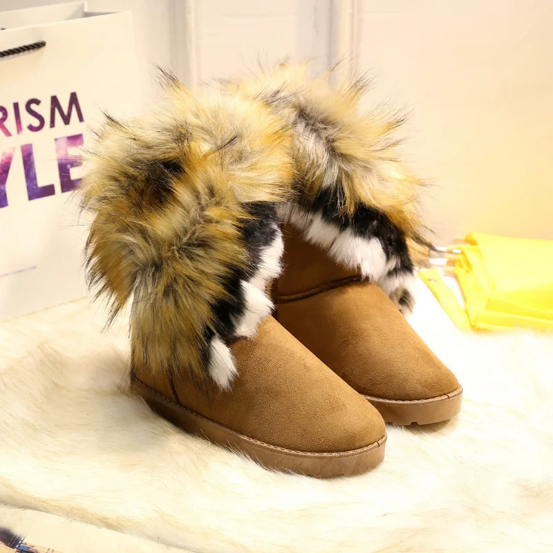 Classic Faux Fox Hair Winter Snow Rain Warm Short fur Boots Women Australian Boots Fashion tube women shoes big size 42