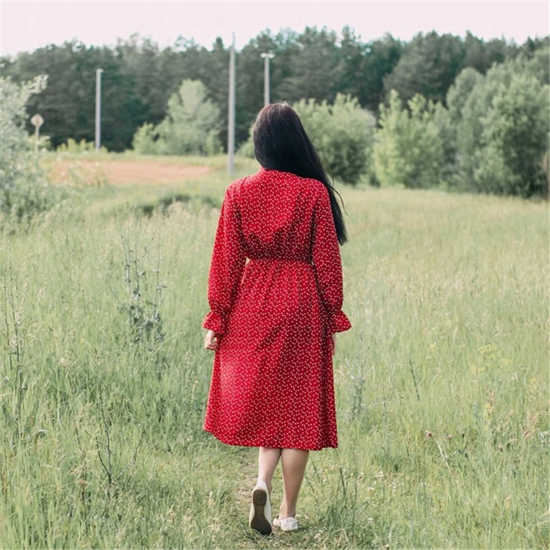 Нежное женское миди платье,женственное элегантное платье в мелкие сердечки,милое платье весна-осень,повседневное платье с завязчиками и длинным рукавом,красного,черного и белого цвета
