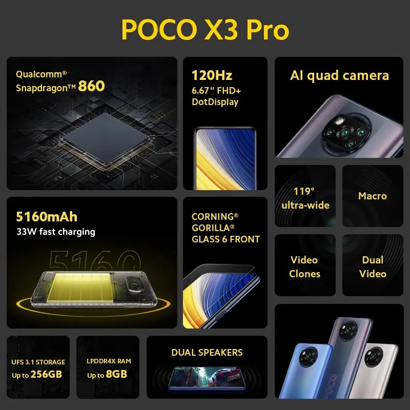 POCO X3 Pro versi&oacute;n Global, 6GB y 128GB/8GB, 256GB, NFC, Smartphone ,Snapdragon 860, 33W, 120Hz, DotDisplay, 5160mAh-1